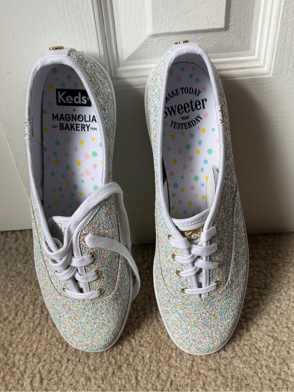 Keds Magnolia Bakery Women's Glitter Lace-Up Sneakers in White with Iridescence - Picture 3 of 6